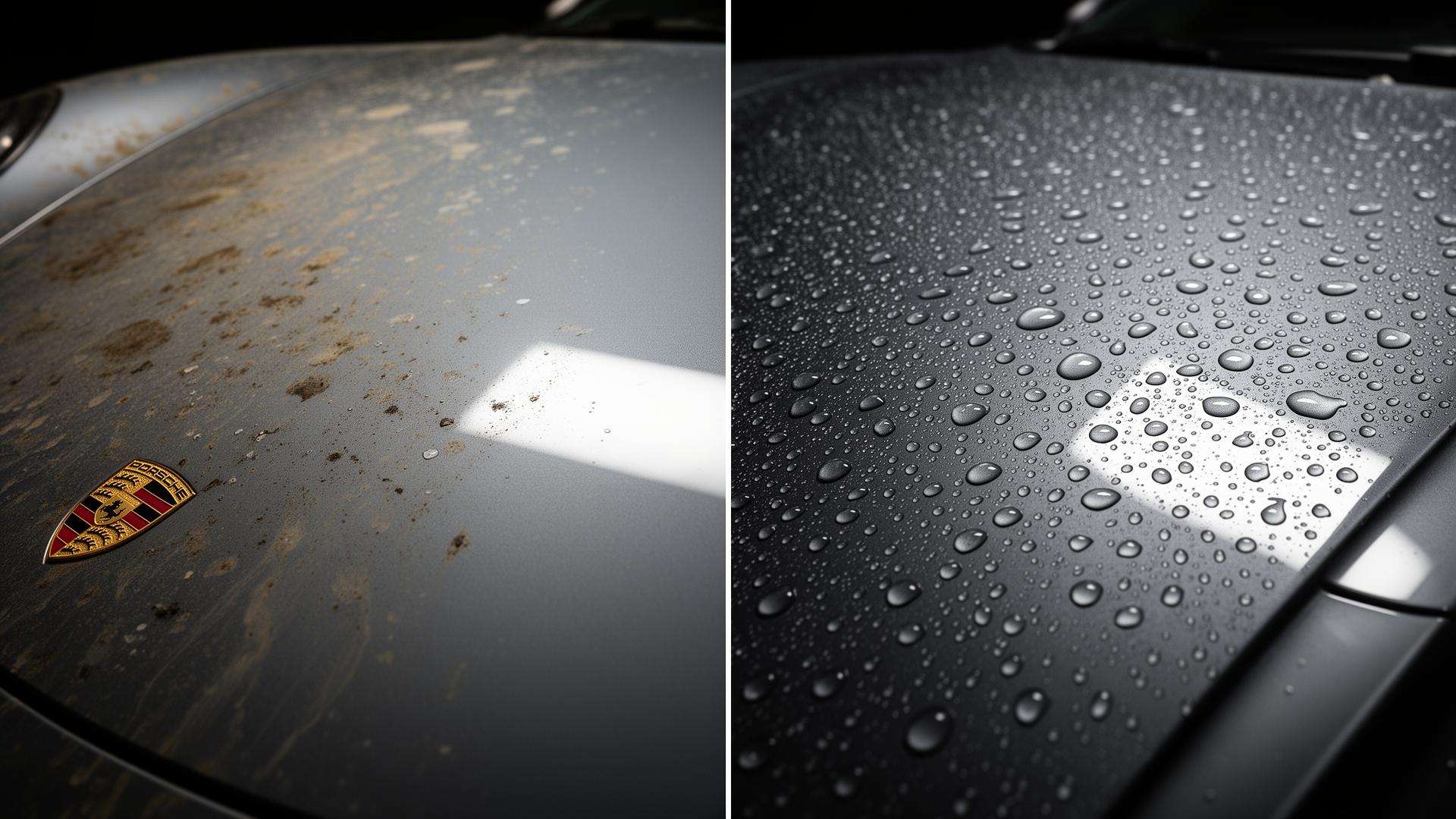 Side-by-side comparison of a neglected water-spotted ceramic coating versus a maintained ceramic-coated Porsche surface with tight water beading