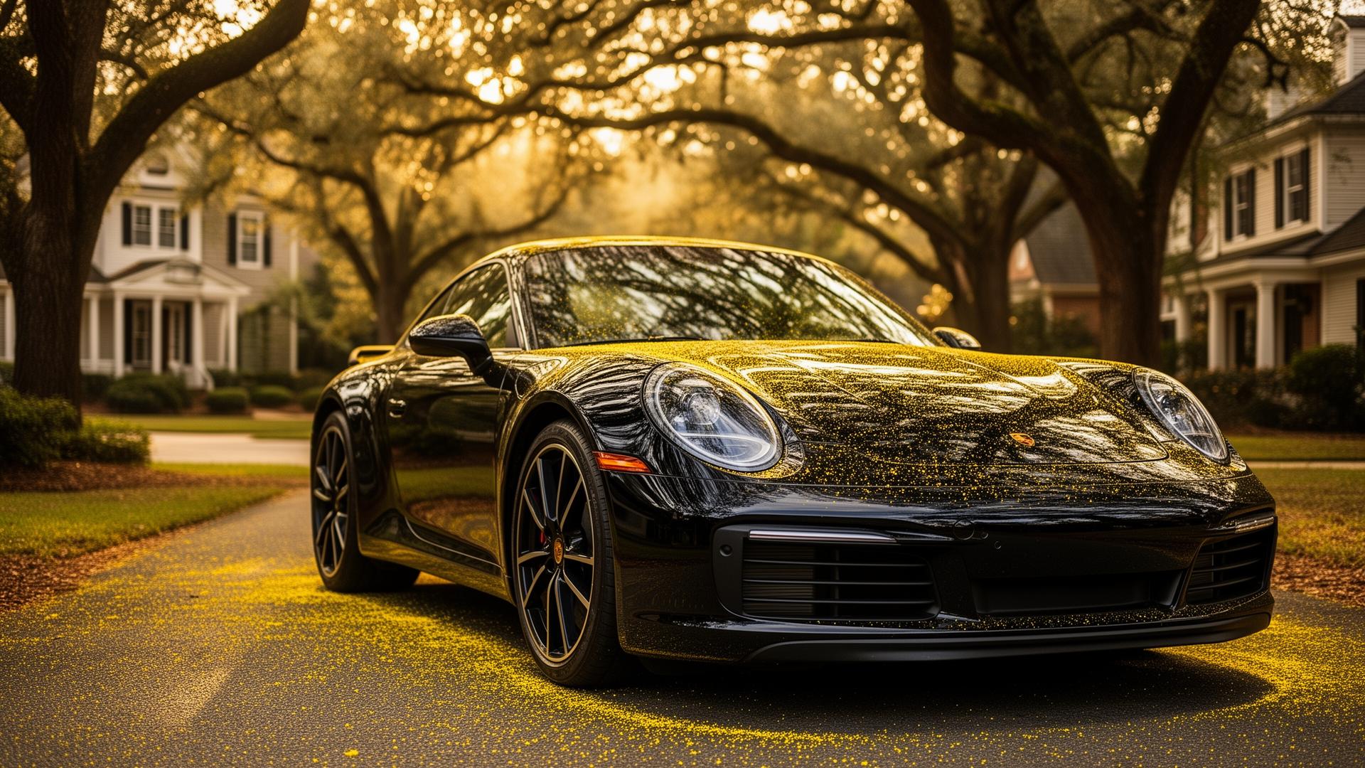 Yellow pollen coating the hood of a dark luxury vehicle during Atlanta spring pollen season